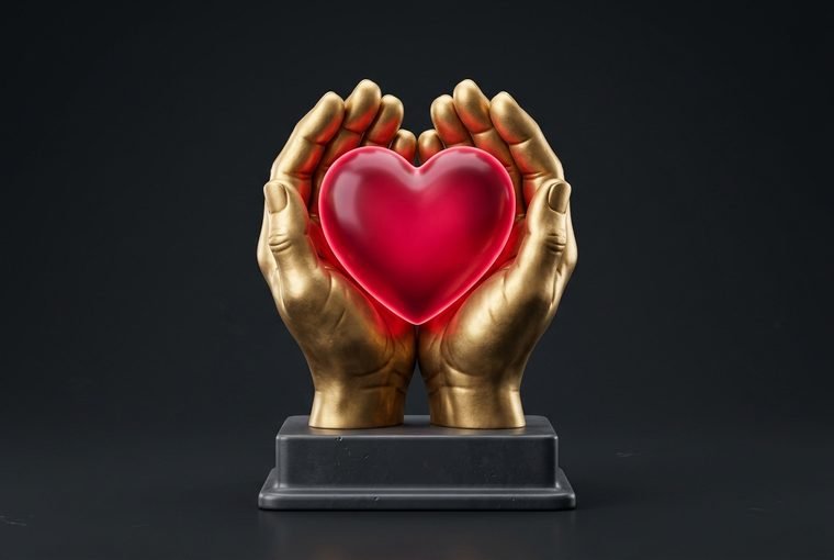 3D aged-care icon sculpture in crimson and gold
