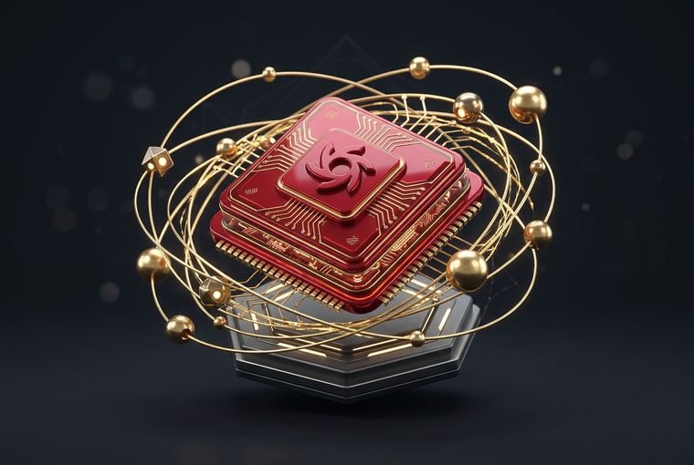 3D technology icon sculpture in crimson and gold